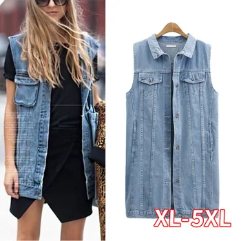 

Femme Denim Vests Summer Women Turn-down Collar Casual Coat Sleeveless Long Denim Vests Veste Large Size 5XL Sleeveless Tops