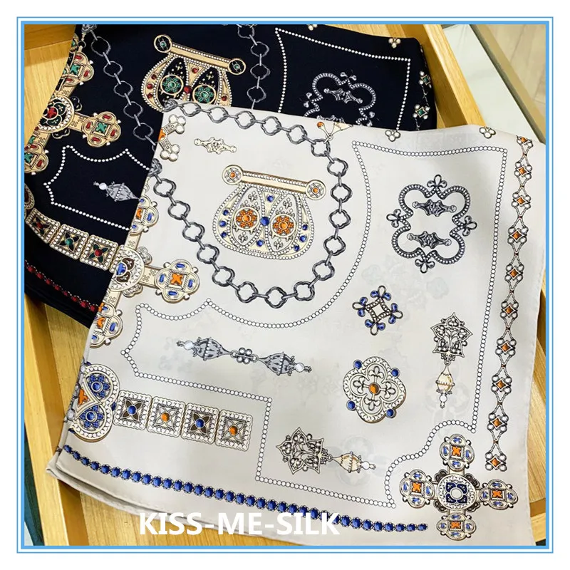 

KMS Gorgeous gemstone jewelry Chinese square scarf pattern silk scarf 65*65cm/25g