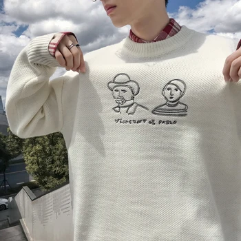 

2019 Japanese sweater male Korean version of the loose round neck winter student head embroidery clothes hombre Turtleneck Black