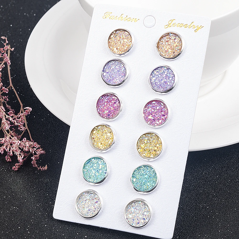 

6 Pairs/Set Women's Shiny Resin Ear Stud with Round Bling Druzy Stone For Girls Cute Earrings Set 2020 Trendy Jewelry