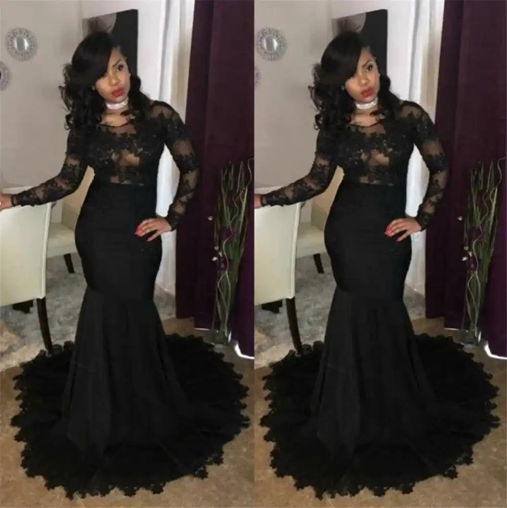 black lace sleeve prom dress