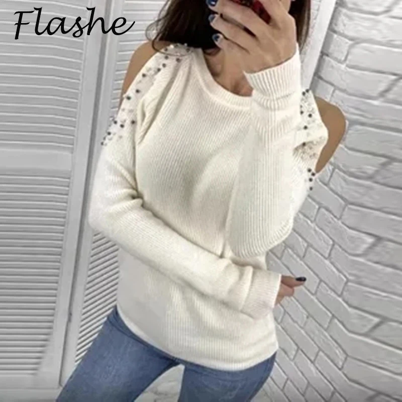 

Fashion Sweater Women Off Shoulder Sexy Womens Winter Sweaters Bead Design Pullover Femme Jumper Ladies Solid Knitwear Top 2021