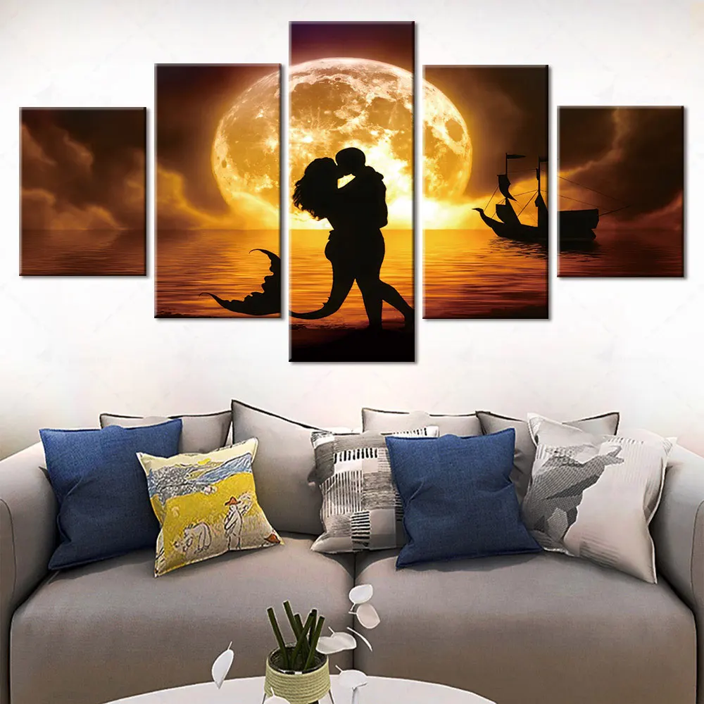 

Artsailing Mermaid Love Living Room Decorative Painting Under The Moon Canvas Painting 5 Pieces Wall Poster Free Shipping Frame