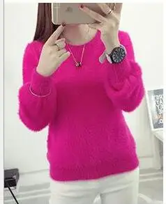 Осенний Свободный пуловер свитер пушистый Фонарь рукава имитация воды бархат белый плюш утолщение свитер теплые женские топы - Цвет: rose red color