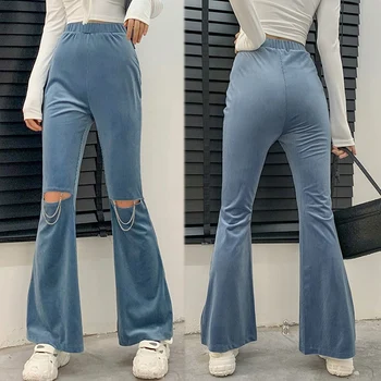 

Fashion Slim Flare Pants Women High Waist Autumn Streetwear Casual Trousers Hollow Out Basic Elastic Waist Pants