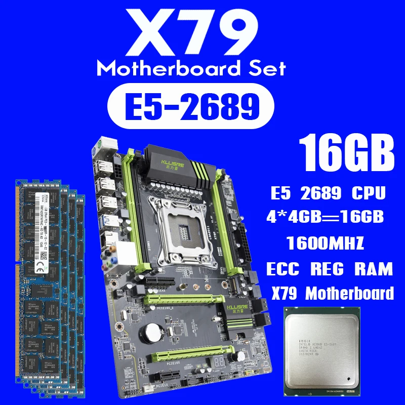 Комплект материнской платы Kllisre X79 с Xeon E5 2689 4x4 ГБ = 16 Гб 1600 МГц DDR3 4 Гб память ECC Reg ATX USB3.0 SATA3 PCI-E NVME M.2 SSD