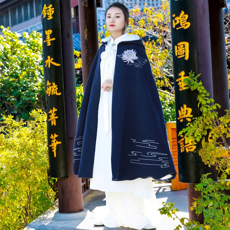 Вышитый плащ с капюшоном hanfu Китайский ретро костюм плащ осень зима утолщенная одежда двойной слой шерсть теплый костюм