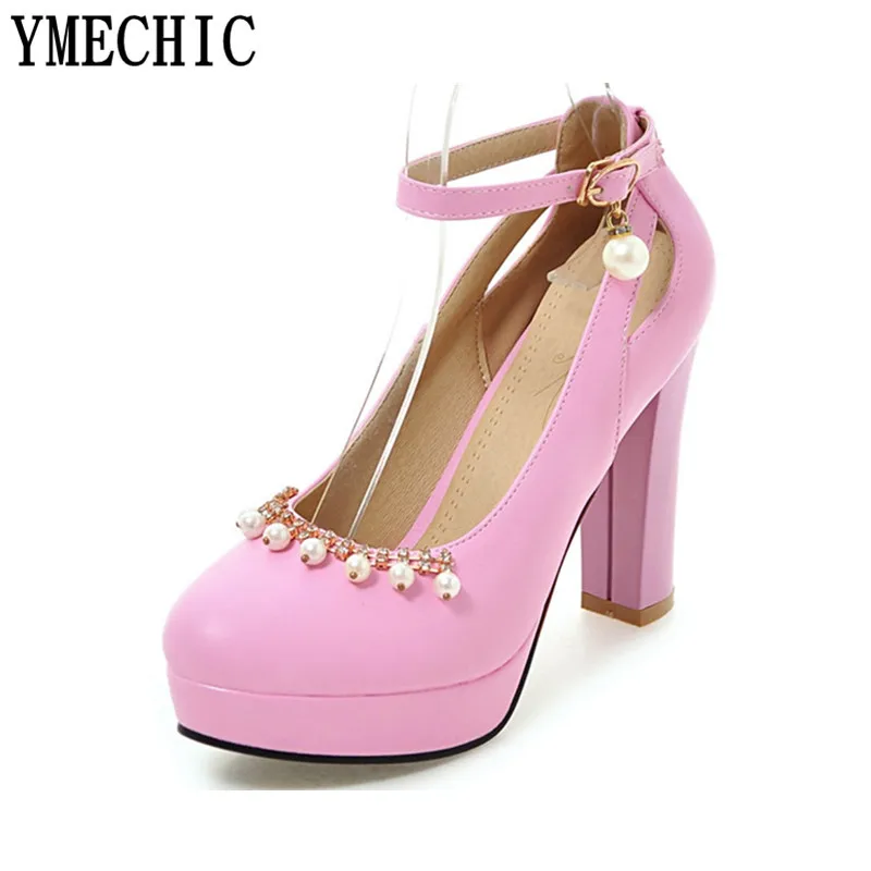 

Female Crystal Bead Chunky Hih Heels Ankle Strap Platform Party Weddin Bride Heel Shoes Woman Black White Plus Size