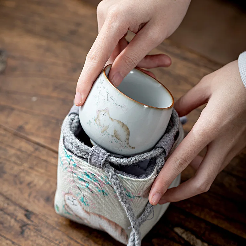 Retro Painting Cat Art Teaware Storage Bag Outdoor Travel Tea Set Tea Cozies Silk Teapot Teacup Cloth Bag Nut Protection Package