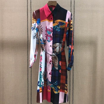 

Women Silk Print Dress Summer Elegant Long Sleeve Dress With Sash Fashion High Quality Long Dress Female