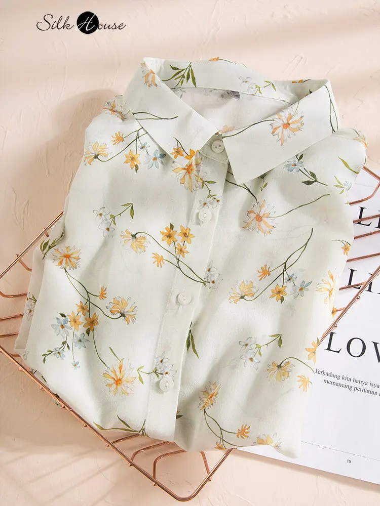 

Fresh Color Series White Background Small Flower Printing Mulberry Silk Silk Shirt Women's Long Sleeve Square Neck Top