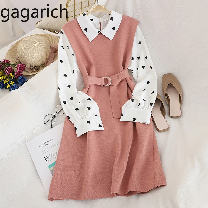 Gagarich Женский комплект из двух предметов, милая шифоновая рубашка в Корейском стиле, сплошной цвет, милый приталенный вязаный жилет, Модный женский костюм
