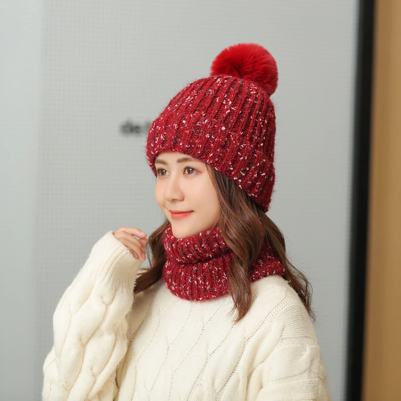 Модный женский теплый зимний комплект для девушек, шапки с шарфом, шейный платок, высокое качество, Балаклава, вязаная шапка - Цвет: Бургундия