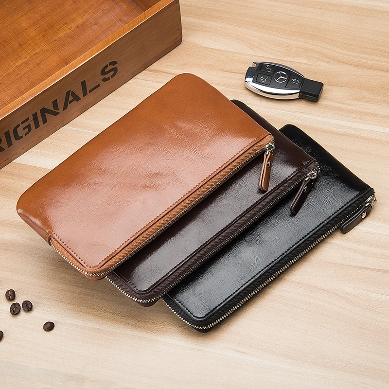 

Men Handbag Leather Wallet Slim Portable Square Buckle Zipper for Phone Money Large Capacity Pack