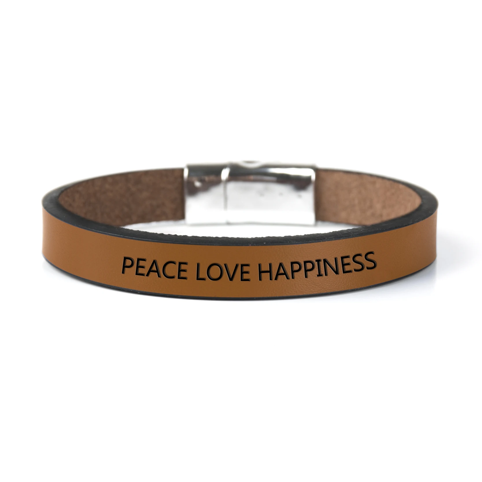 Brown PEACE LOVE HAPPINESS модный браслет с гравировкой букв с магнитной пряжкой, кожаная вдохновляющая мантра браслеты-манжеты - Окраска металла: Brown