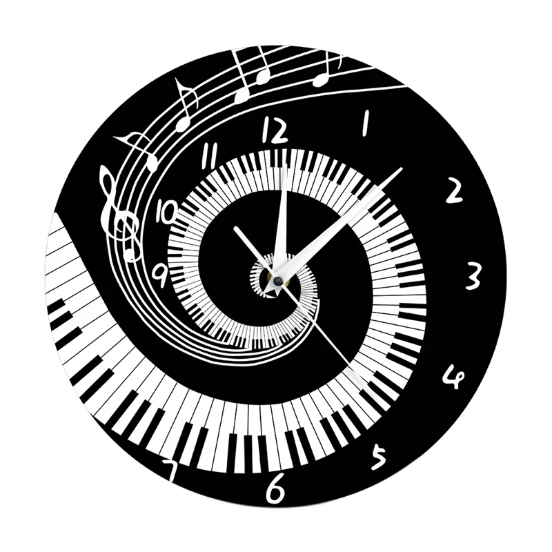 Elegant Piano Key Clock Music Notes Wave Round Modern Wall Without Battery Black + White Acrylic | Дом и сад