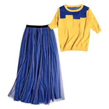 

Two Piece Skirt Set Spring Women New Fashion Round neck Patchwork Knitted T-shirt + Elastic waist Mesh skirt 2 Piece Set