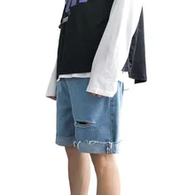 Летние мужские короткие джинсы, модные повседневные рваные уличные синие мужские джинсовые длинные шорты, мужские рваные джинсовые шорты для мужчин