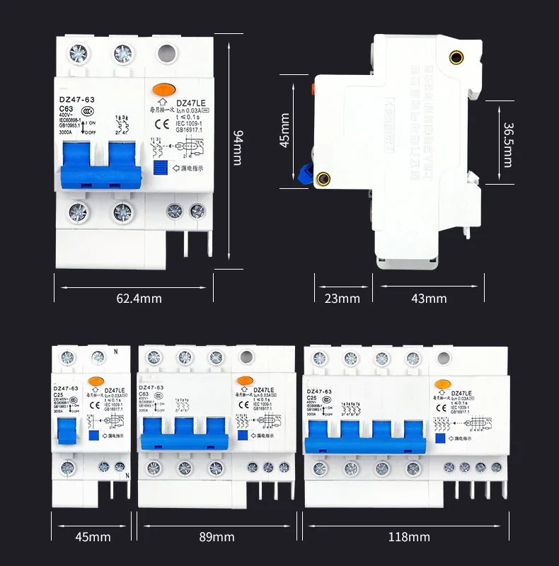 

DZ47LE-63 Overload Protection1P+N 2P 3P 3P+N 4P Earth Leakage Circuit Breaker