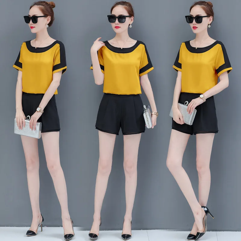 

Fashion Short Sleeve Elegant WOMEN'S Suit 2018 Summer New Style Korean-style Chiffon Slimming Tops Shorts Two-Piece Set WOMEN'S