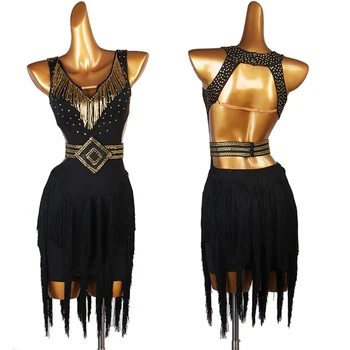 

Latin Dance Dress Women Party Costume Sexy Gold Fringe Black Dress Bottom Tassel Skirt Competition Customized Dance Dress 1487