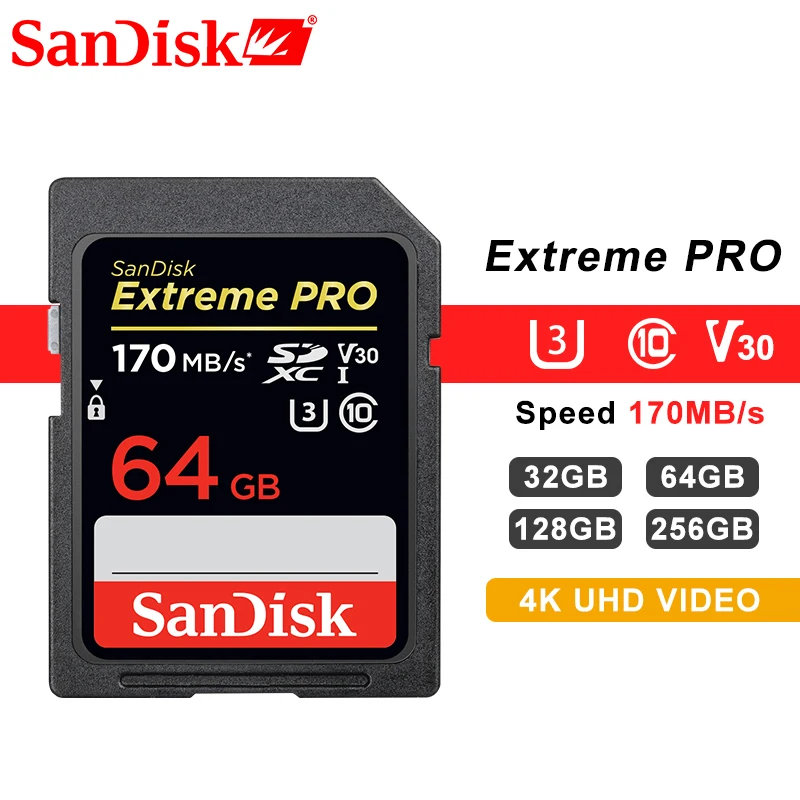 Двойной Флеш-накопитель SanDisk Extreme Pro SD карта памяти SDXC 64g 128g 256g до 170 МБ/с. UHS-I Class10 SDHC 32g до 95 МБ/с. слот для карт памяти 4K для SLR Камера