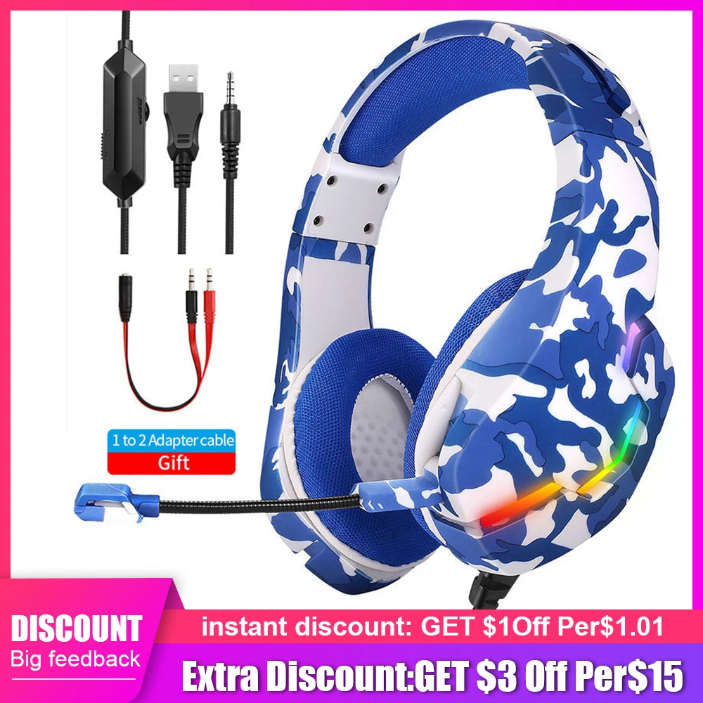 

New J10 profession computer wired Gaming headset camouflage Colorful LED light PS4 XBOX ONE gaming gaming music headphones