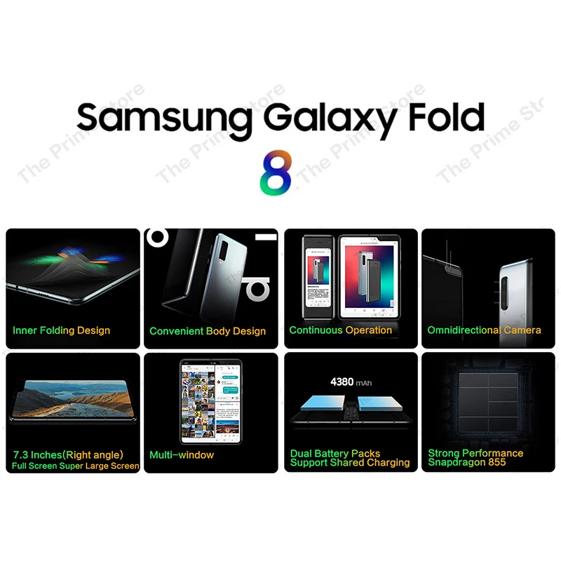 Samsung Galaxy Fold Snapdragon855 7," AMOLED складной экран NFC 2x zoom 12G 512G Беспроводная зарядка 6 камер 16 МП отпечаток пальца+ распознавание лица