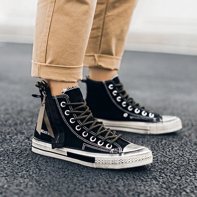

2019 Summer New Style COUPLE'S Zipper Black And White with Pattern Canvas Shoes Hight-top MEN'S SHOES Fashion Hight-top Board Sh