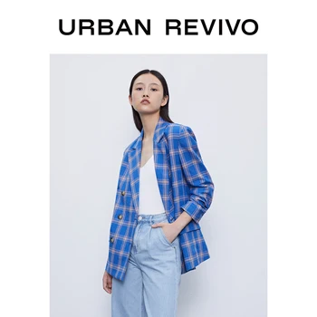 

URBAN REVIVO Women Youth Checkered Collard Blazer Loose Fitting YL34S1CN2001
