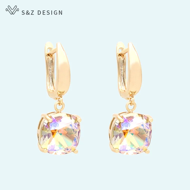 S&Z DESIGN Korean Fashion Square Crystal Dangle Earrings 585 Rose Gold Color Eardrop For Women Wedding Jewelry Lover Gift