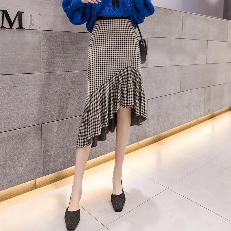 

2019 Autumn And Winter New Style Knit Plaid Skirt Women's Mid-length High-waisted Sheath French Retro Fishtail Skirt