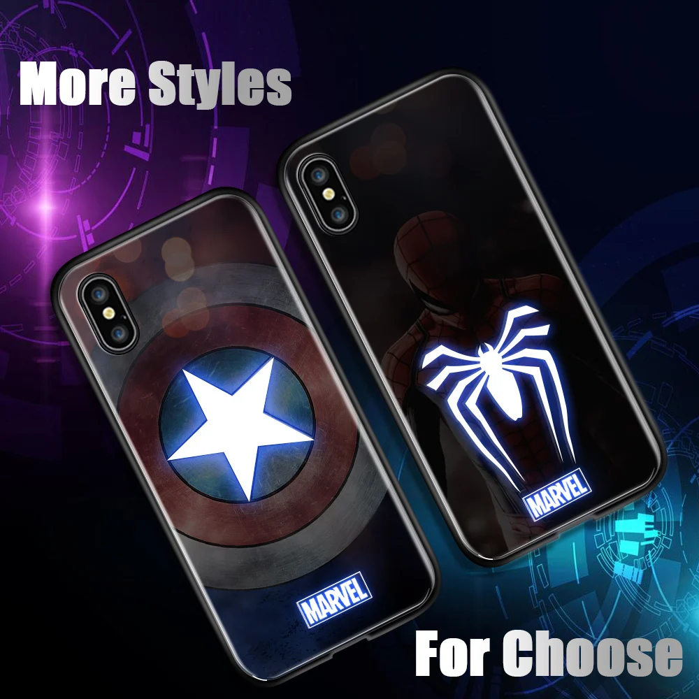 For iPhone XS Max XR 11 Pro Cases LED Flashing Marvel Avengers Ironman Casing Tempered Glass Cover Case For iPhone 6 6S Plus 7 8