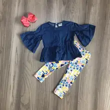 Детская осенняя одежда для девочек; наряды для девочек; топ с колокольчиком и цветочными штанами; Эксклюзивная детская одежда с бантом