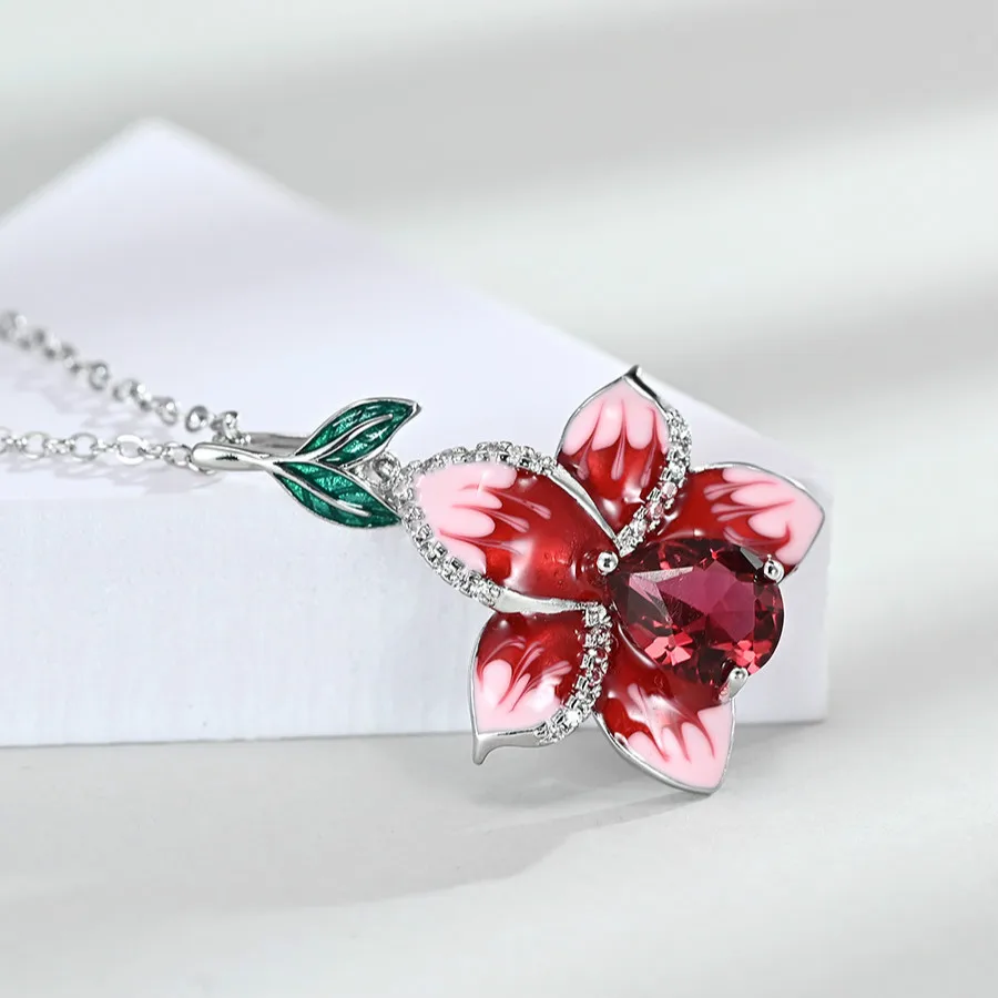 Women Fashion Pink Enamel Big Flower Peach Blossom Lotus Silver Pendant Necklace Elegant Temperament Wedding Neckalce for Female | Украшения