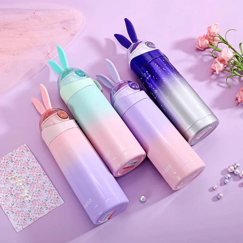 Stainless Steel Cute Water Bottles Rabbit Cap Sport Cute Water Bottles  Student Girl Insulated Vucuum Mug With Rope 350ml From Esw_house, $4.91