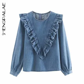 

SHENGPALAE 2020 New Summer Women Shirt Female Tops Long Sleeve Casual O-Neck Collar Women's Loose Laminated Ruffle Blouse ZA3999