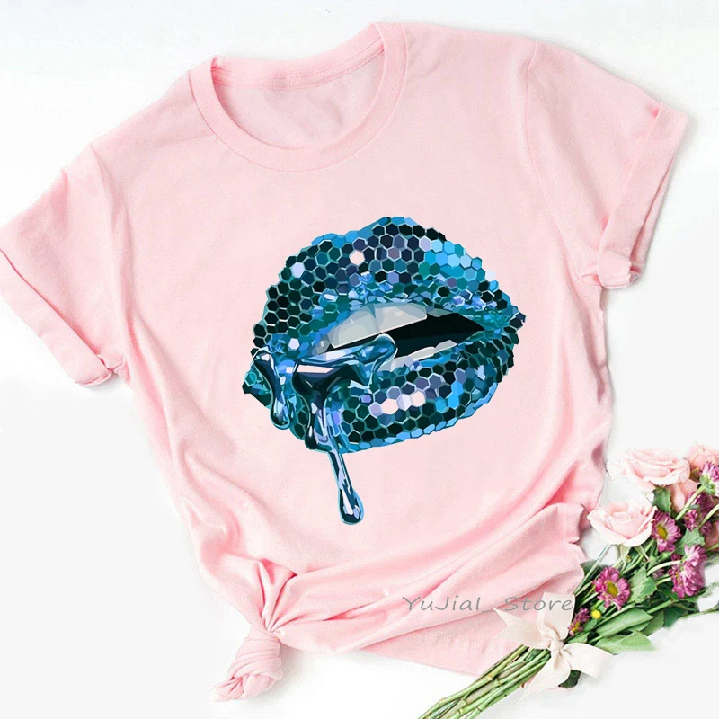 2024 heißer Verkauf Schwarz T Shirt Frauen Rosa Glitter Lippen Grafik Druck T-shirt Femme Luxuriöse Make-Up Sexy T-Shirt Haut Femme – Detail 7