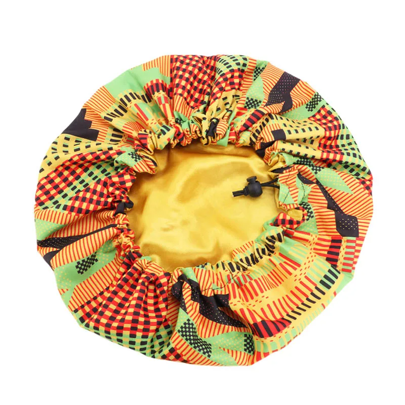 Модный принт головной убор атласное шелковое большой капот для детей в африканском стиле с принтом Детские аксессуары для волос сна шапка; тюрбан шляпа - Цвет: Зеленый