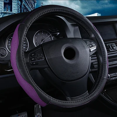 Высококачественный кожаный чехол на руль подходит для Шевроле Лада Opel Skoda Volvo MiNi Mazda 38 см автозапчасти - Название цвета: Black and purple