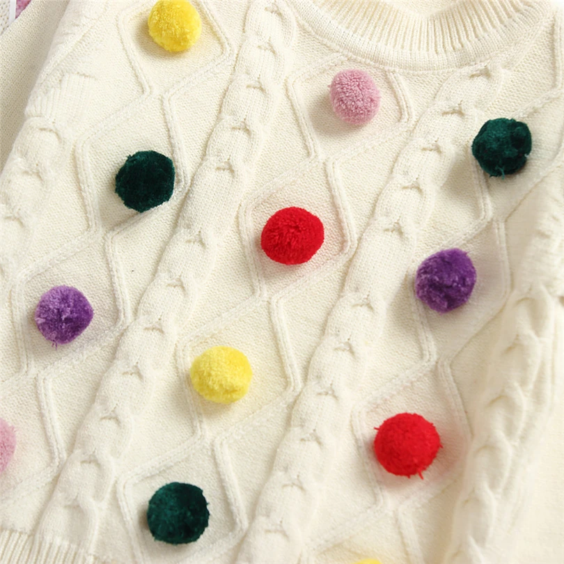 Детские бежевые свитера для маленьких девочек; Разноцветные Вязаные вязаные топы с помпонами; Зимние Теплые Топы; Модный пуловер; От 1 до 5 лет одежда; A20