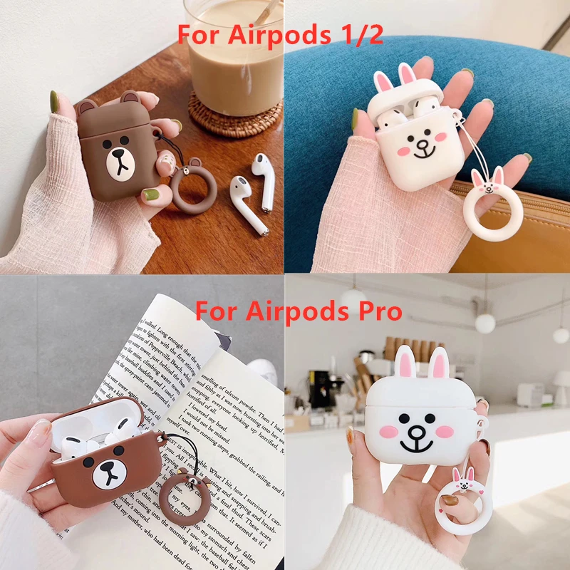 Cute Earphone Case For AirPods Pro Cartoon Bear Rabbit Cover Apple 3 Bags Protect with Carabine Hook | Электроника