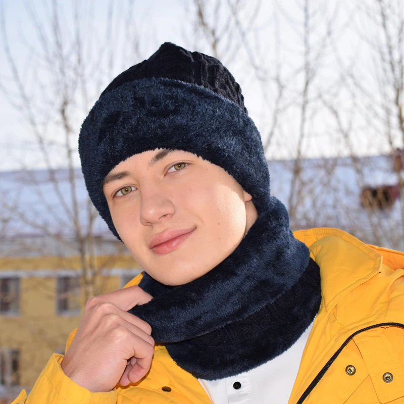 Unisex Plush Fleece Lined Winter Hat Thicken Warm Knitted Suit Set Soft Stretch Winter Hats For Men Women Leisure Beanie Cap