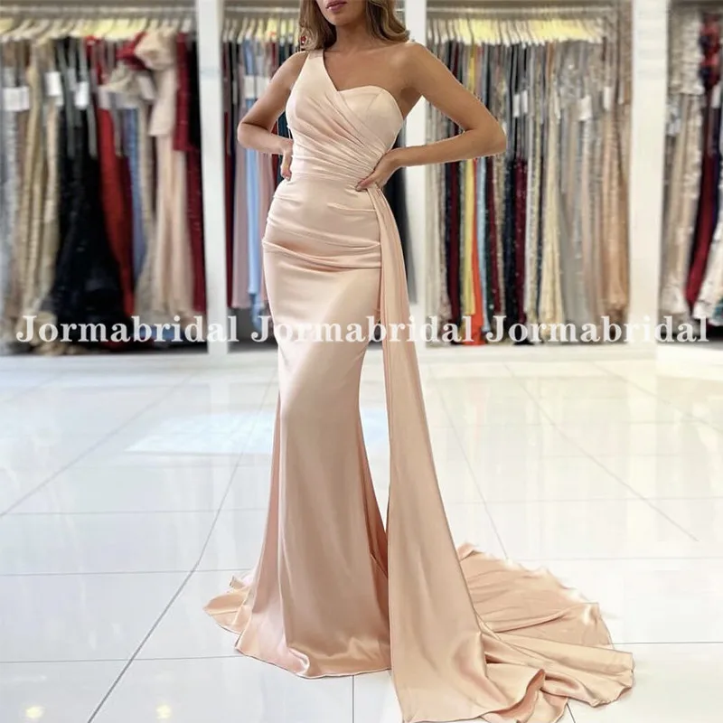 Light Coral Mermaid Prom Dresses With Long Streamer Elegant Pleat One Shoulder Evening Gowns Custom Shiny Satin Formal Dress | Свадьбы и
