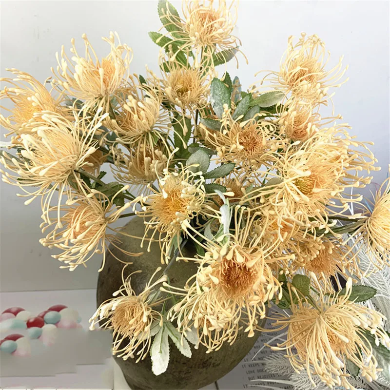 3 головки/ветка Leucospermum искусственные цветы для свадебного украшения Флорес Искусственные пластиковые искусственные цветы