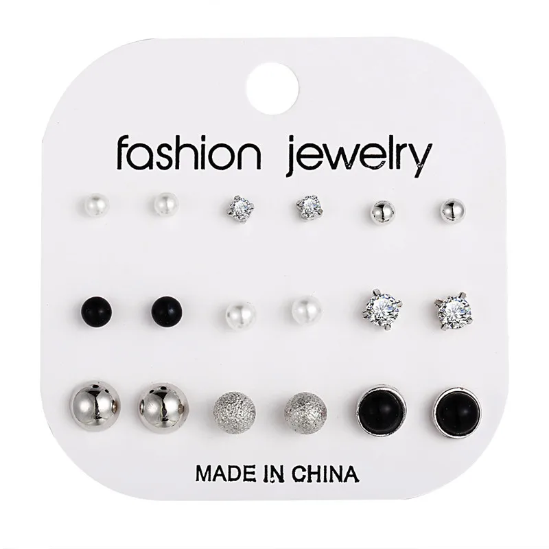 Delicate 12 pairs Women Round Crystal Heart Stud Earrings for Women Piercing Imitation Pearl Earrings Set Wedding Party