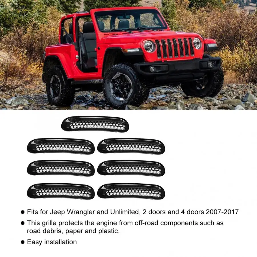 7 шт. автомобильный сетчатый гриль GrilleFits для Jeep Wrangler 2007- и неограниченный АБС пластик черный яркий цвет автомобиля-Стайлинг