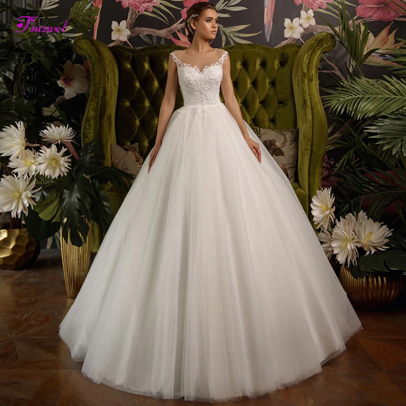 

Fsuzwel New Arrival Scoop Neck Appliques A-Line Wedding Dress 2020 Luxury Cap Sleeve Beaded Princess Bride Gown Vestido de Noiva