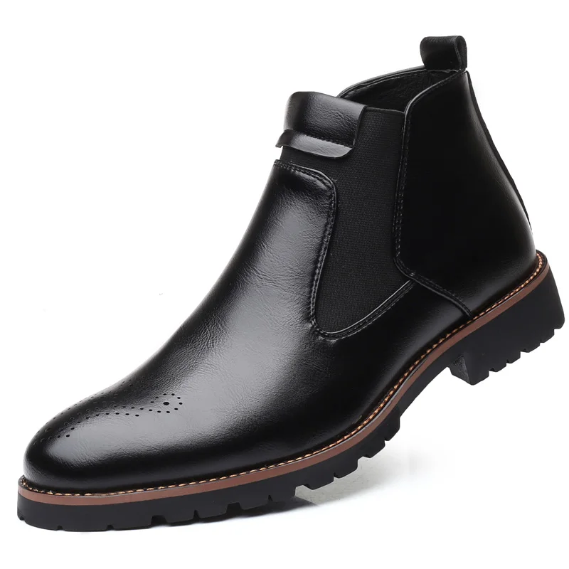 Misalwa/осень-зима ; мужские ботинки челси; черные, красные, желтые кожаные ботинки с перфорацией типа «броги» из микрофибры; мужская повседневная обувь Bullock; большие размеры - Цвет: Black