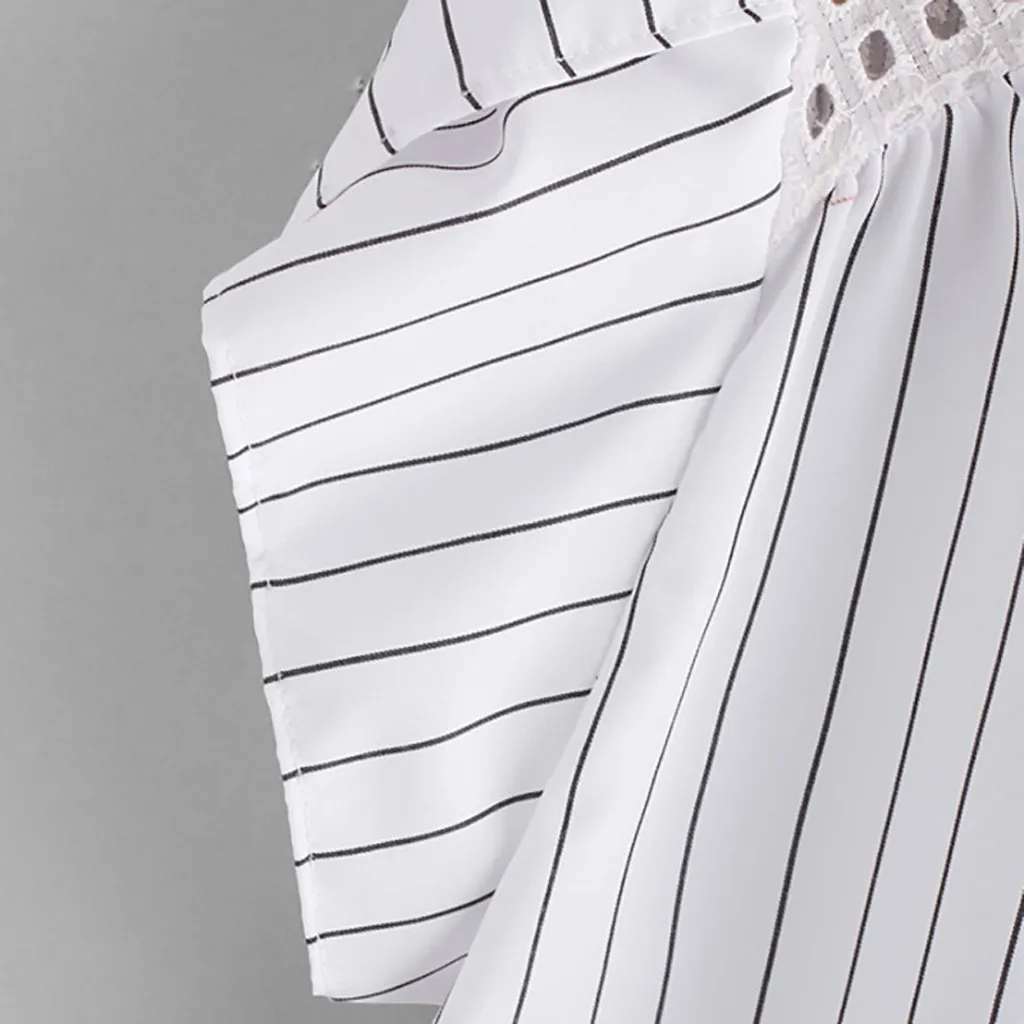 Fashion Blouses Striped Print Shirt Tops Hollow Out Short Butterfly Sleeve Blouse Top Solid Summer Casual Women Shirts Tunic 5